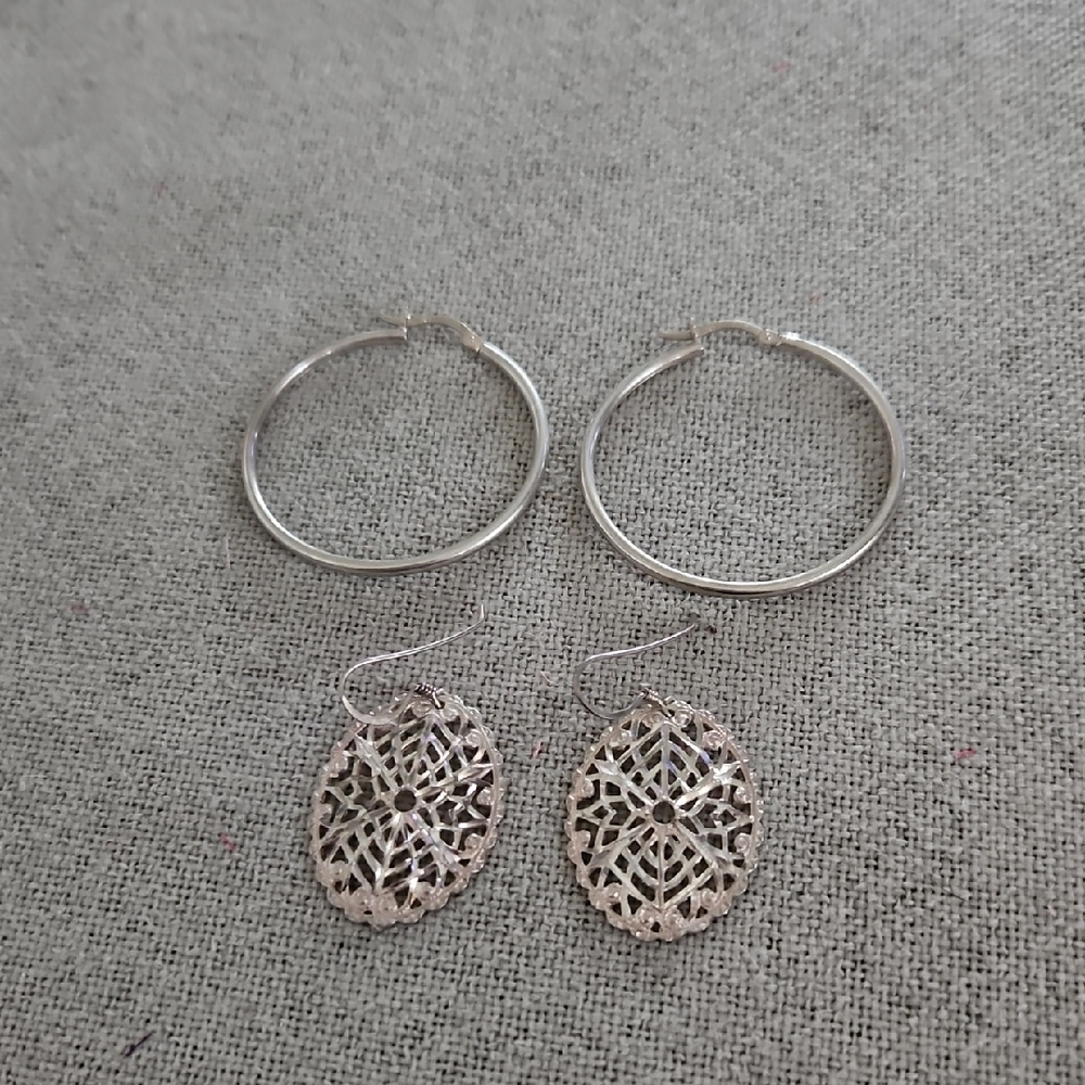 Set Of 925 Sterling Silver Hoop and Filigree Drop Earrings